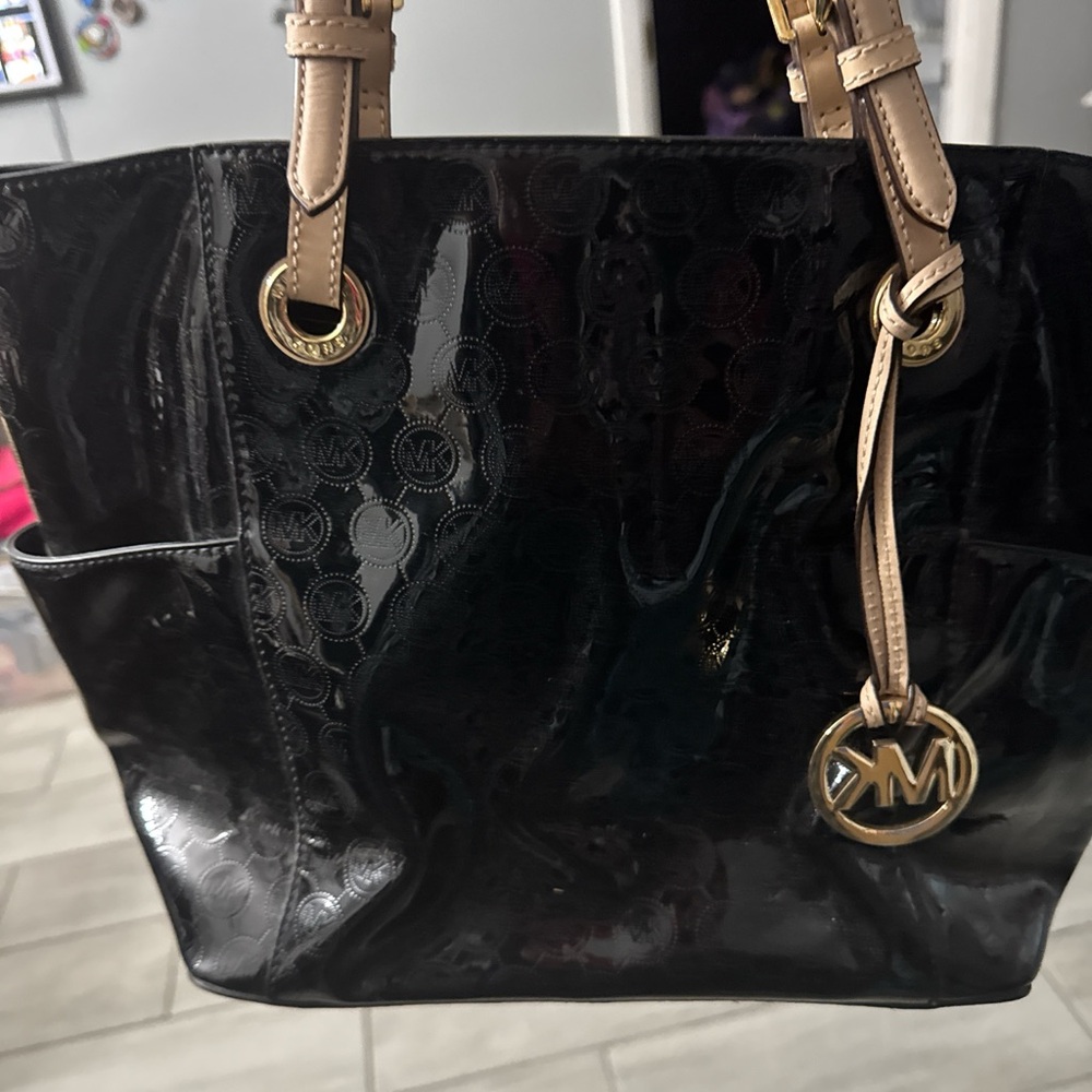 Michael Kors Glossy Black and Tan Tote